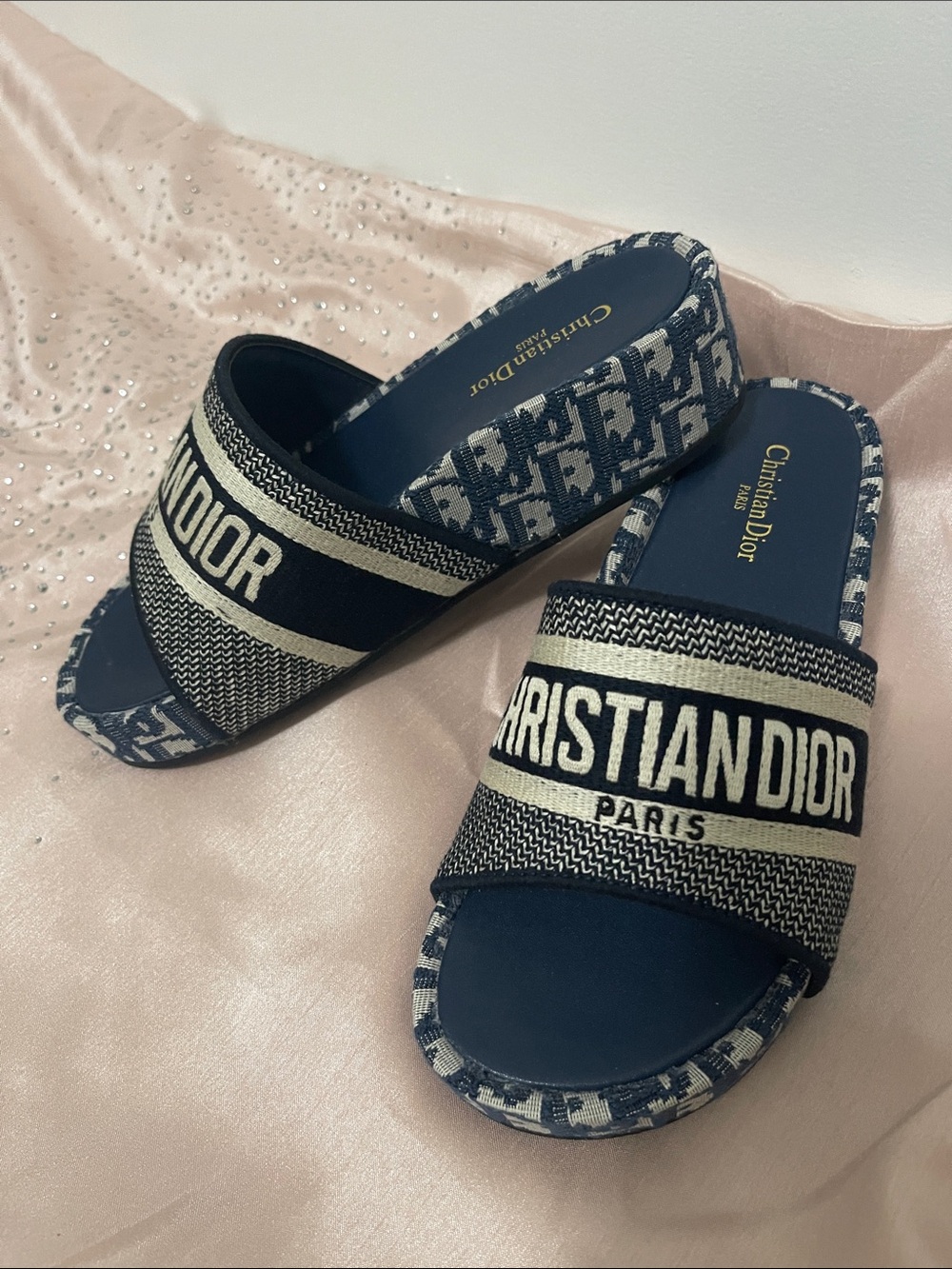 Christian Dior Navy Blue Logo Slide Sandals
